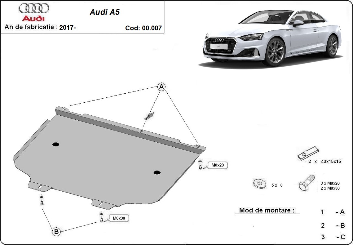 Ocelový kryt převodovky pro Audi A5 2017 - 2026, všechny motory
