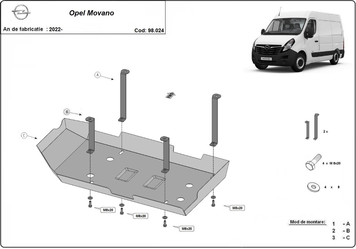 Ocelový kryt nádrže AdBlue pro Vauxhal Movano C 2022 - 2026, všechny motory