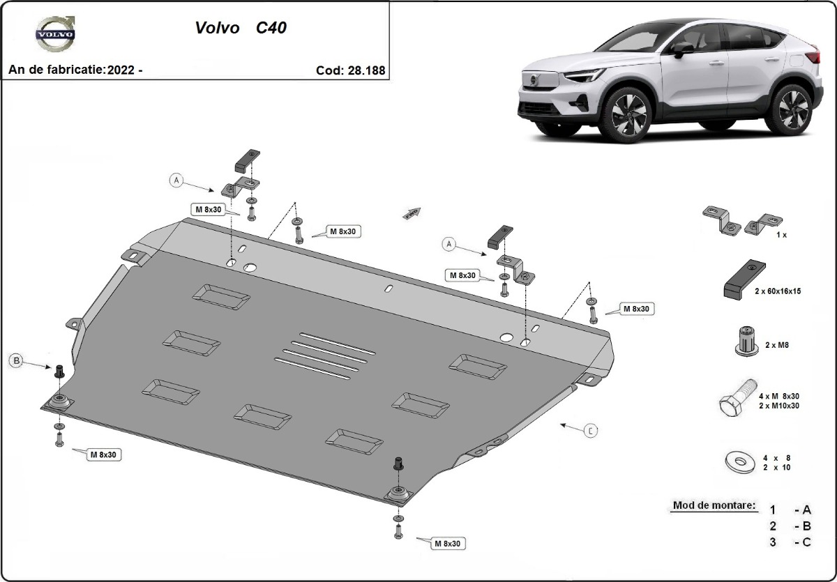 Ocelový kryt olejové vany pro Volvo C40 2022 - 2026, všechny motory