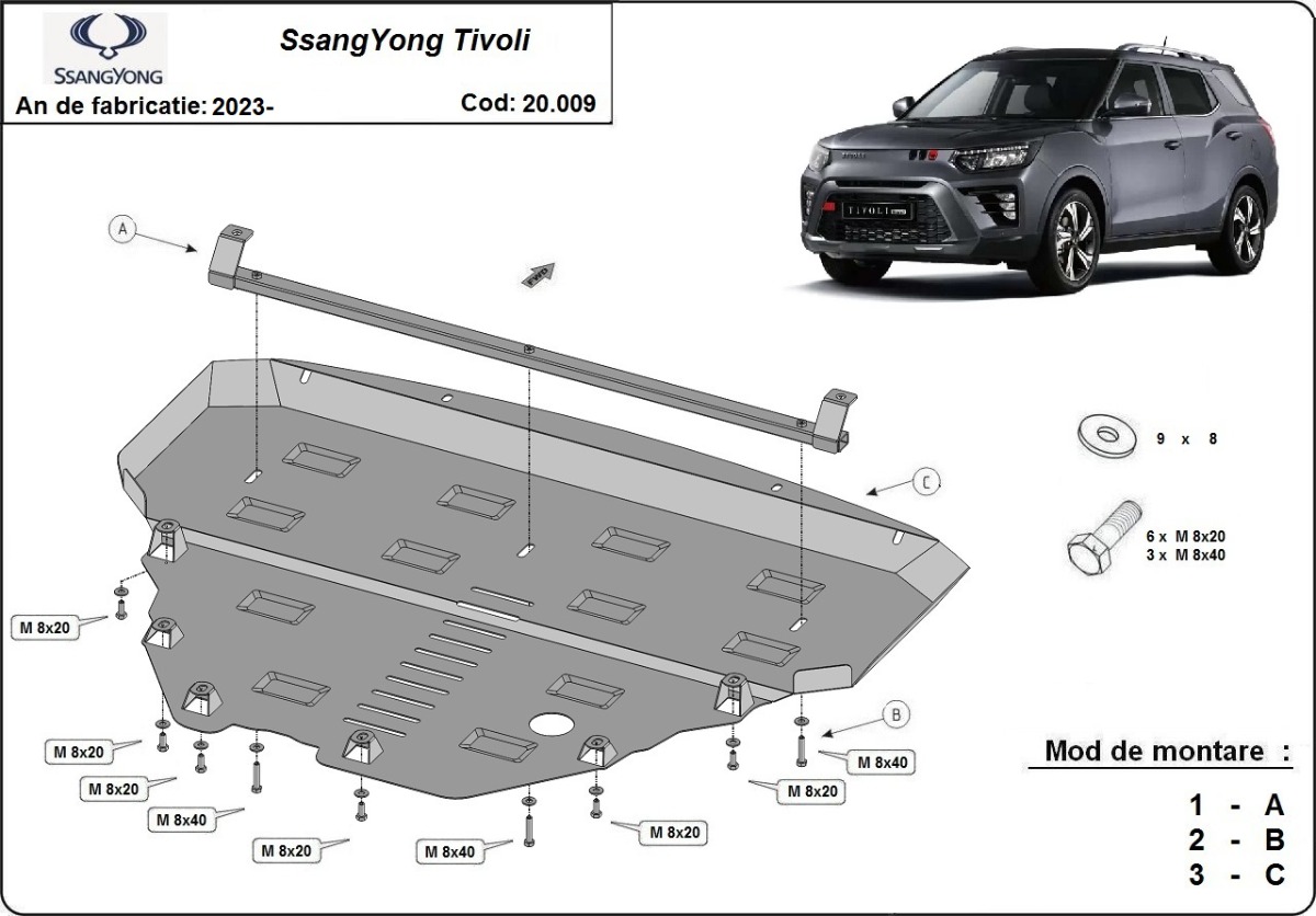 Ocelový kryt olejové vany pro SsangYong Tivoli 2023 - 2026, všechny motory