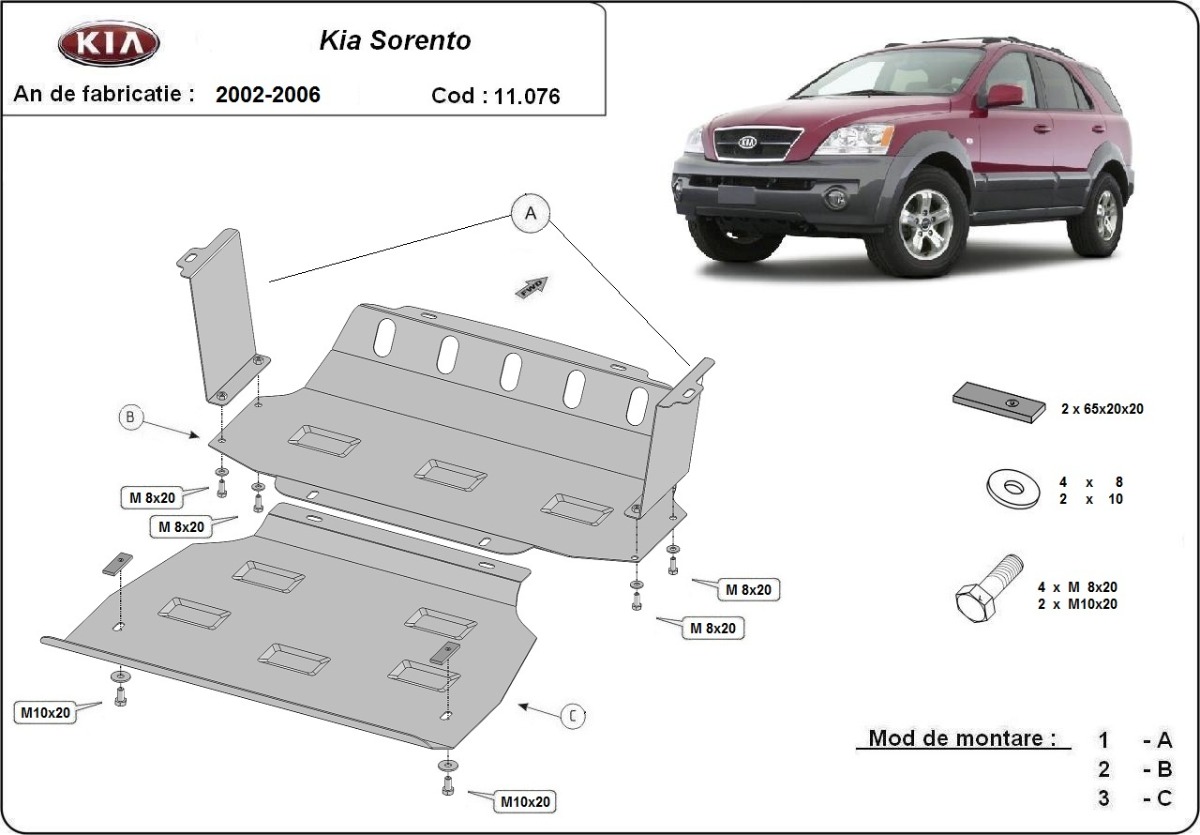 Ocelový kryt olejové vany pro ochranu motoru a chladiče pro Kia Sorento 2001 - 2006, všechny motory