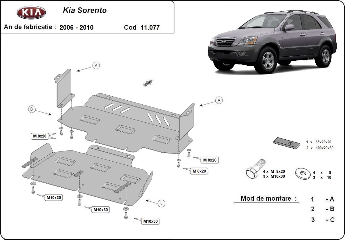Ocelový kryt olejové vany pro ochranu motoru a chladiče pro Kia Sorento 2006 - 2010, všechny motory