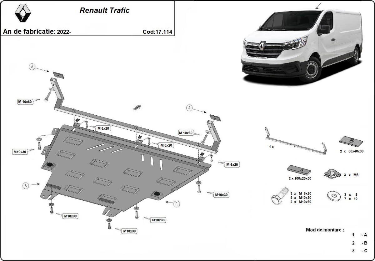 Ocelový kryt olejové vany pro Renault Trafic 3 facelift 2022 - 2026, všechny motory