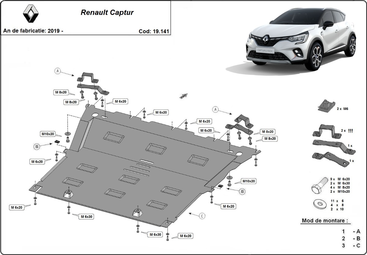 Ocelový kryt olejové vany pro Renault Captur 2019 - 2026, všechny motory