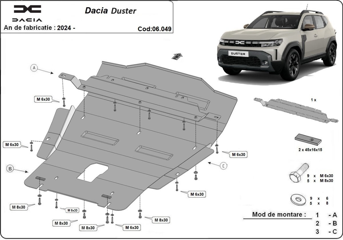 Ocelový kryt olejové vany pro Dacia Duster - 4x4 2024 - 2026, všechny motory