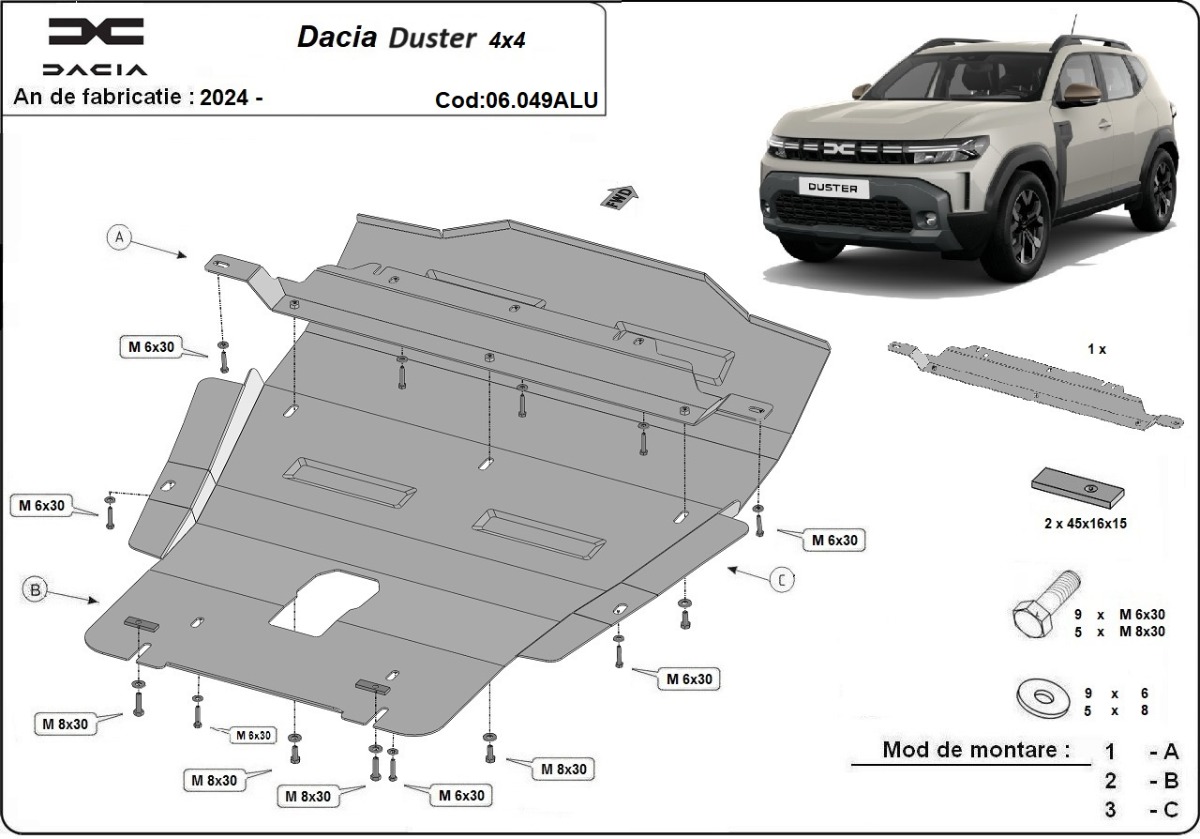 Hliníkový kryt pod olejovou nádrž pro Dacia Duster - 4x4 2024 - 2026, všechny motory