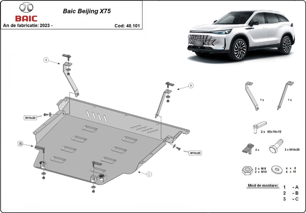 Ocelový kryt olejové vany pro Baic Beijing X75 2023 - 2026, všechny motory