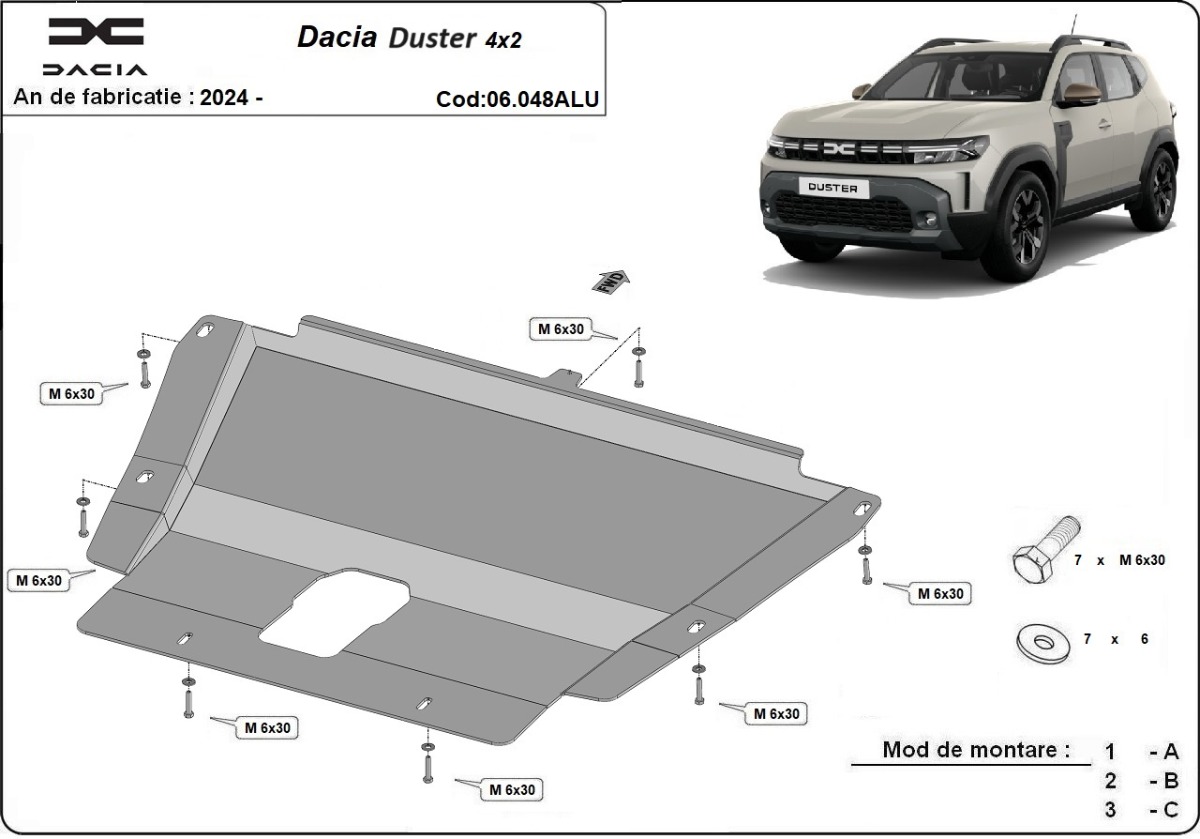 Hliníkový kryt pod olejovou nádrž pro Dacia Duster - 4x2 + 4x4 2024 - 2026, všechny motory