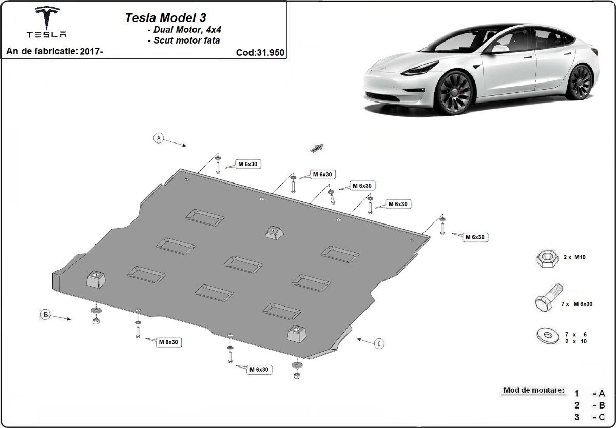 Přední kryt elektromotoru pro Tesla Model 3 AWD 2017 - 2026, Dual Motor