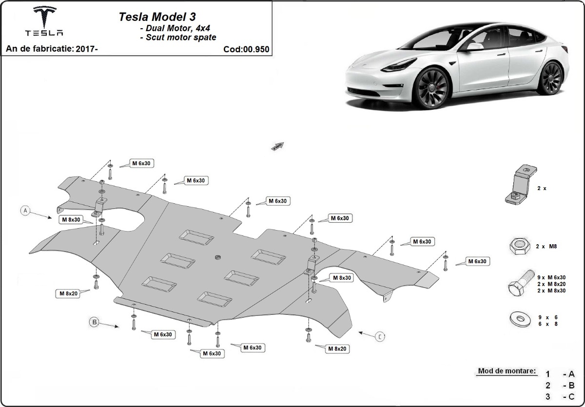 Zadní kryt elektromotoru pro Tesla Model 3 AWD 2017 - 2026, Dual Motor