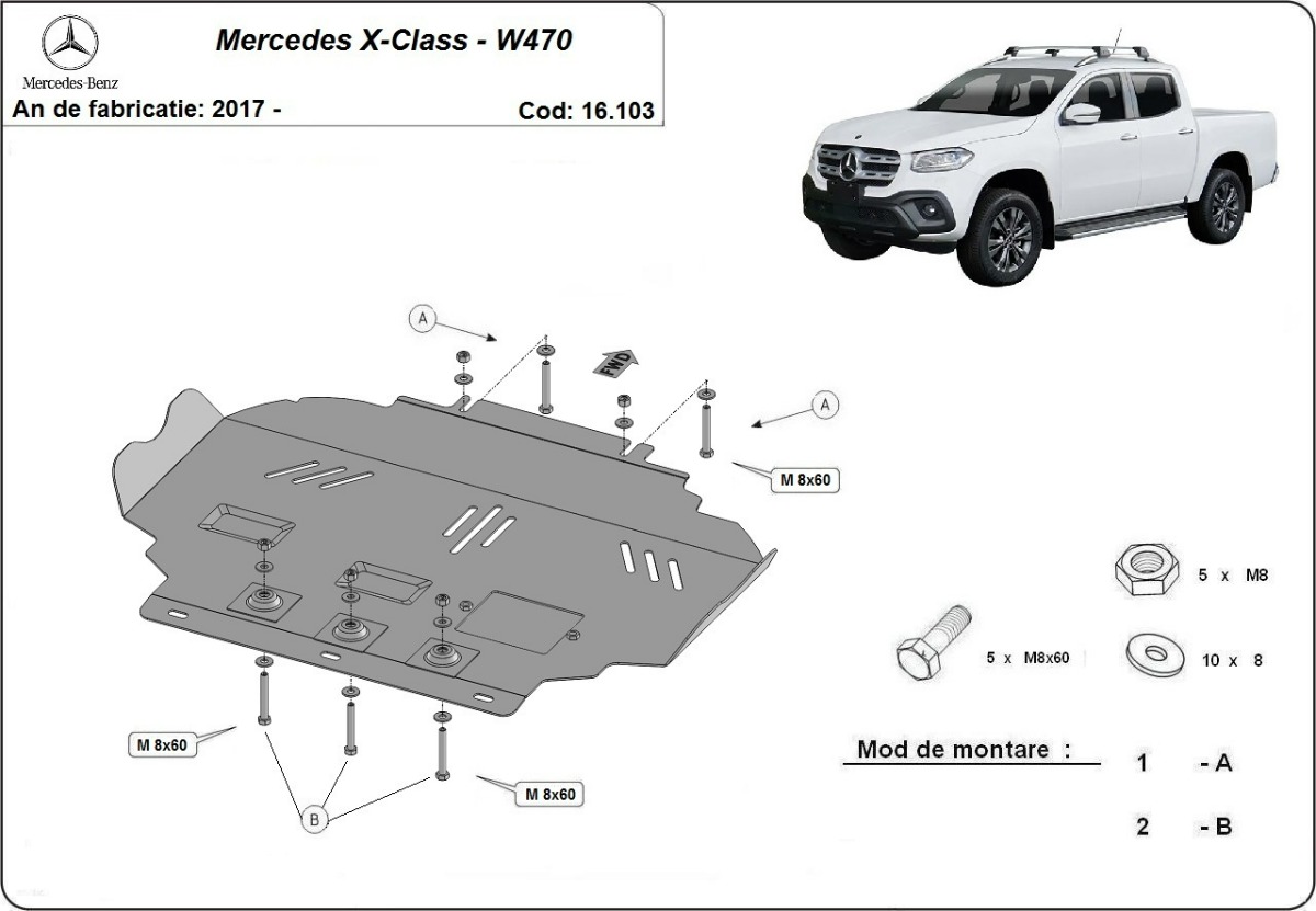 Ocelový kryt olejové vany pro Mercedes třídy X W470 2017 - 2020, všechny motory