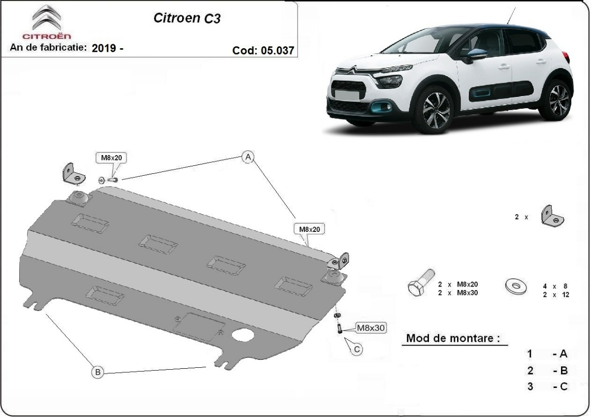 Ocelový kryt olejové vany pro Citroen C3 2019 - 2026, všechny motory