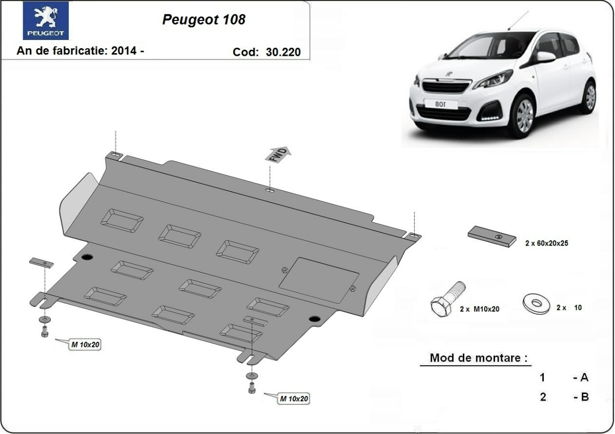 Ocelový kryt olejové vany pro Peugeot 108 2014 - 2021, všechny motory