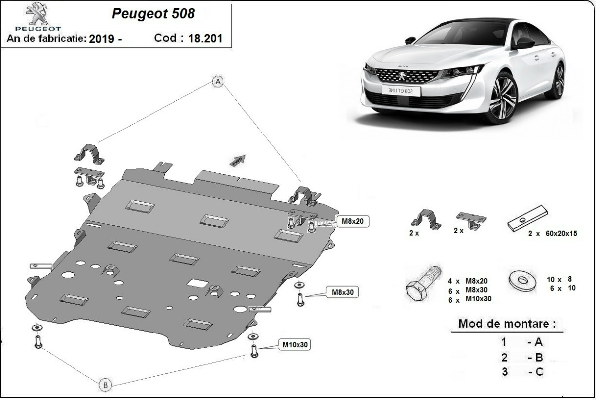 Ocelový kryt olejové vany pro Peugeot 508 2019 - 2026, všechny motory