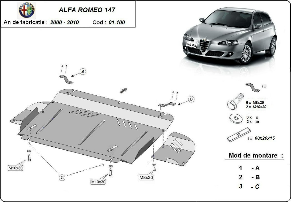 Ocelový kryt olejové vany pro ochranu motoru a převodovky pro Alfa Romeo 147 2000 - 2010, 1,6; 2,0; 3,2; 1,9JTD