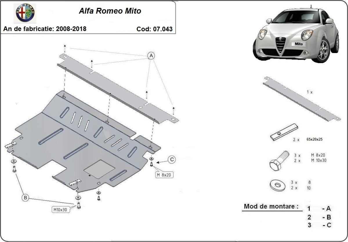 Ocelový kryt olejové vany pro Alfa Romeo Mito 2008 - 2018, všechny motory