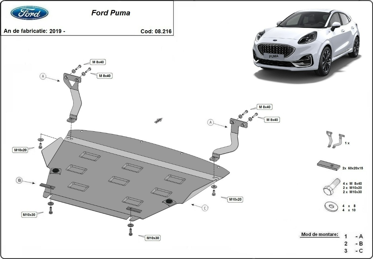 Ocelový kryt olejové vany pro Ford Puma 2019 - 2026, všechny motory