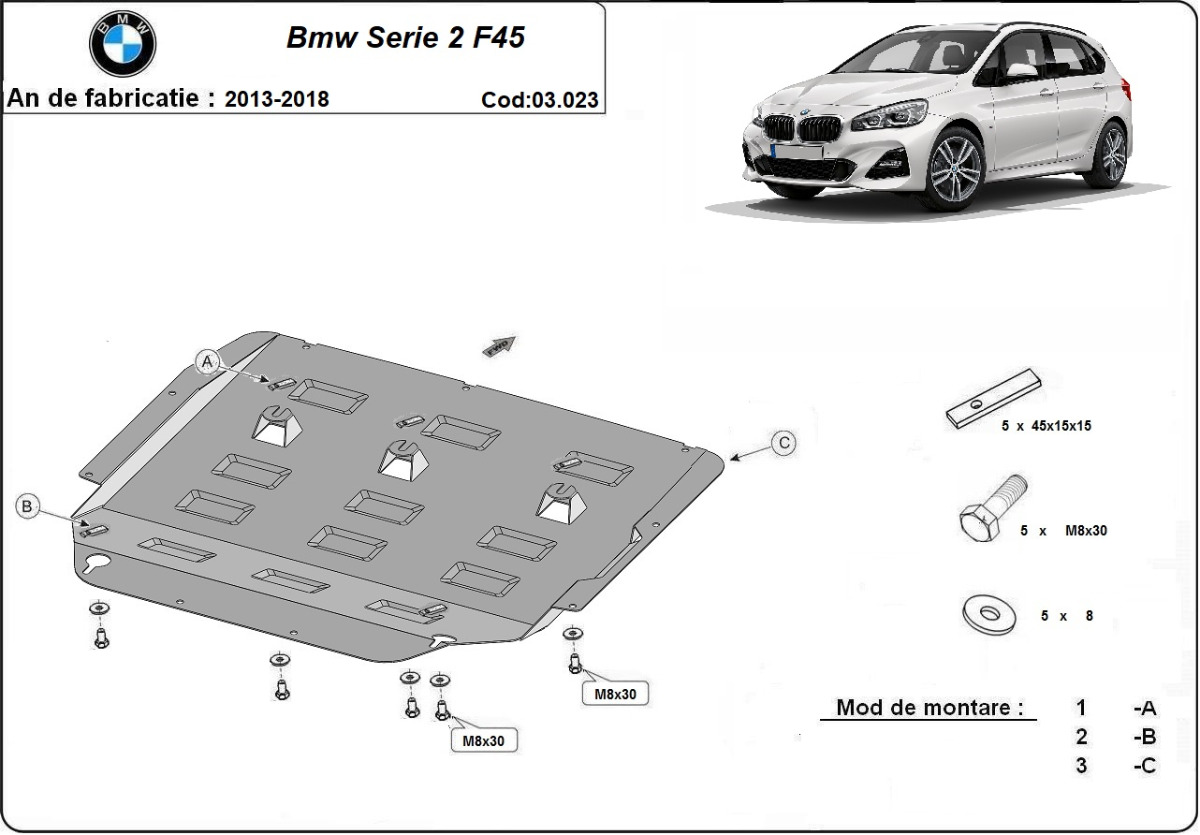 Ocelový kryt olejové vany pro BMW Seria 2 F45 / F46 2013 - 2018, všechny motory