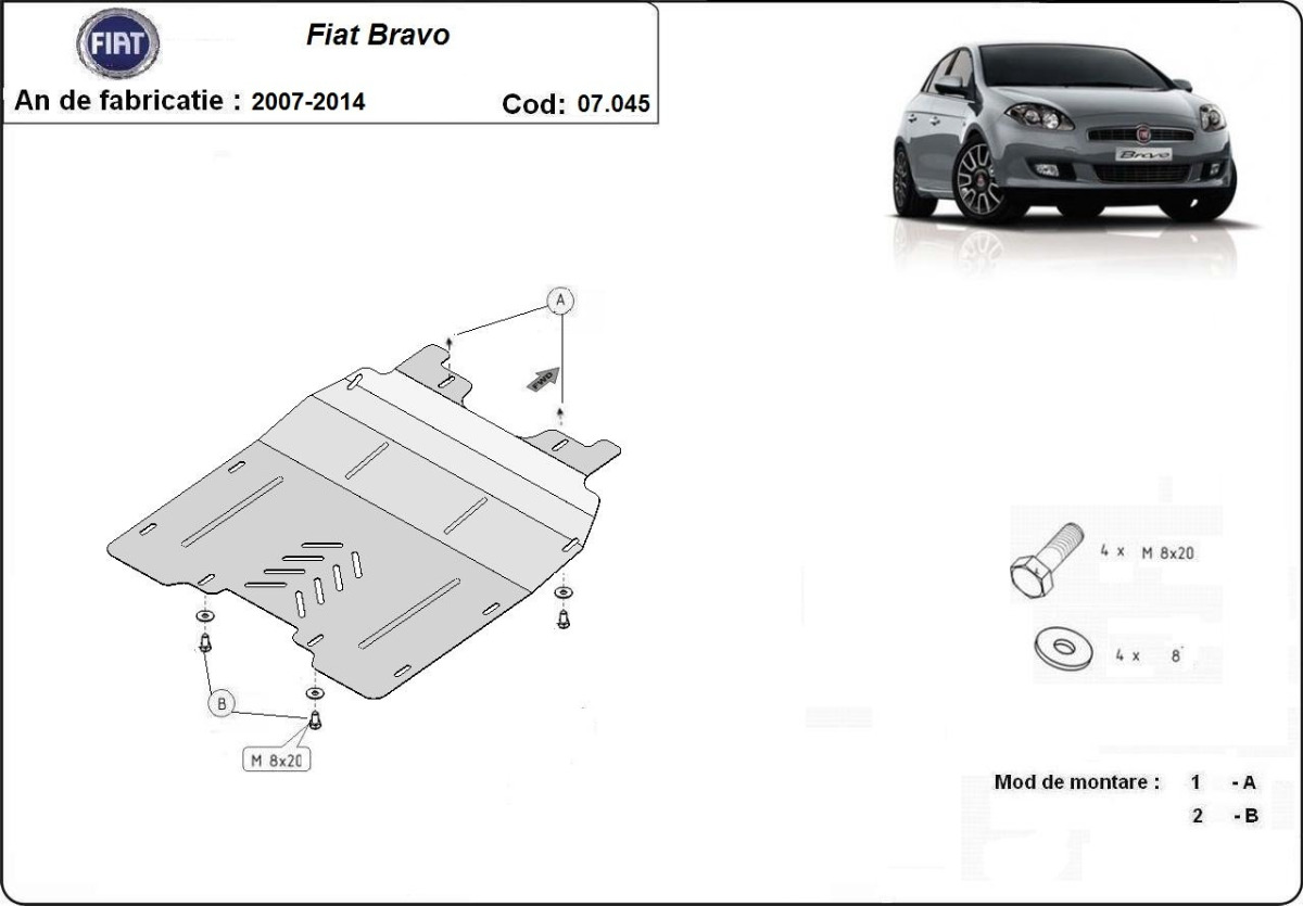 Ocelový kryt olejové vany pro ochranu motoru a převodovky pro Fiat Bravo 2007 - 2014, všechny motory