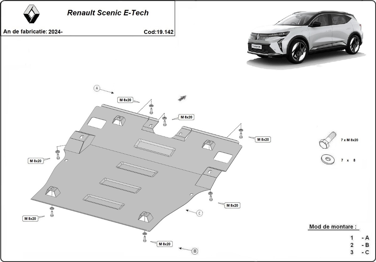 Ocelový kryt olejové vany pro Renault Scenic E-Tech 2024 - 2026, všechny motory