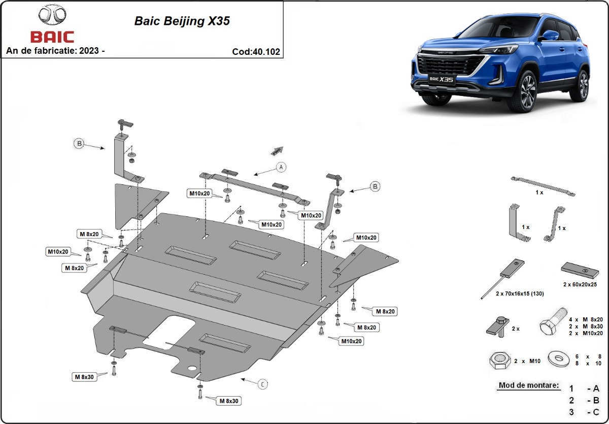 Ocelový kryt olejové vany pro Baic Beijing X35 2023 - 2026, všechny motory