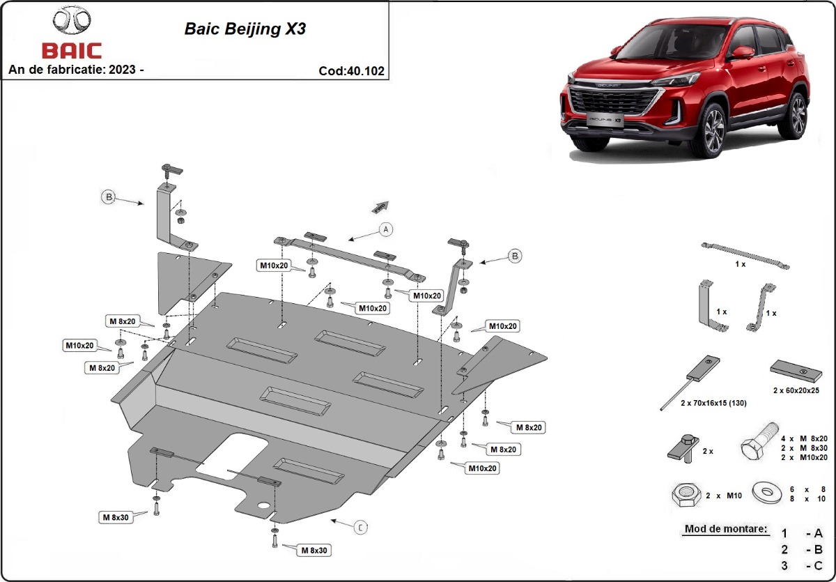 Ocelový kryt olejové vany pro Baic Beijing X3 2023 - 2026, všechny motory