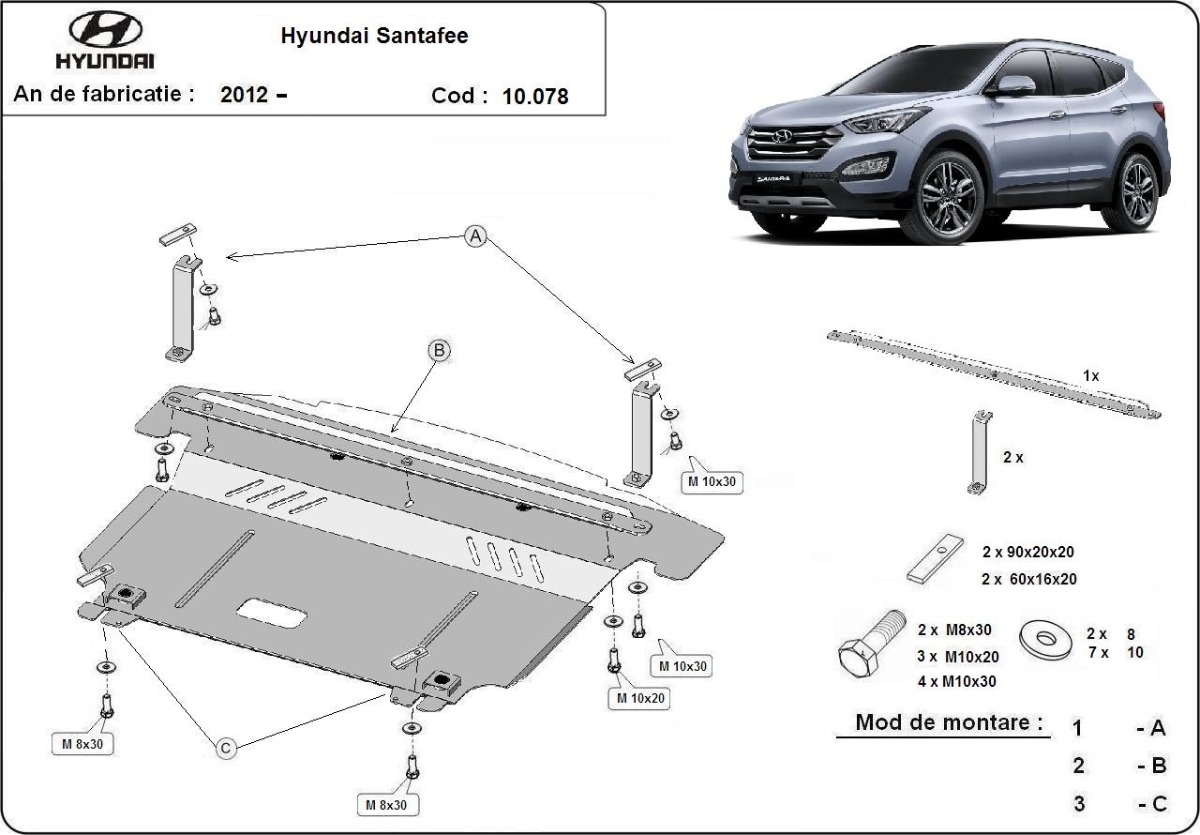 Ocelový kryt olejové vany pro Hyundai Santa Fe 2012 - 2018, všechny motory