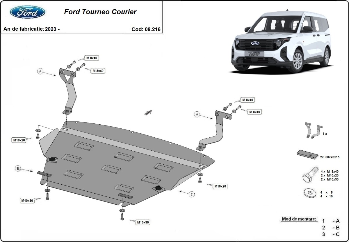 Ocelový kryt olejové vany pro Ford Tourneo Courier 2023 - 2026, všechny motory