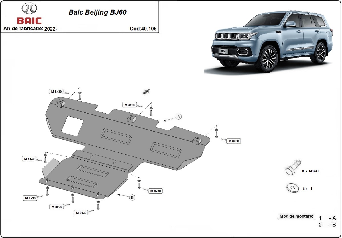 Ocelový kryt olejové vany pro Baic Beijing BJ60 2022 - 2026, všechny motory