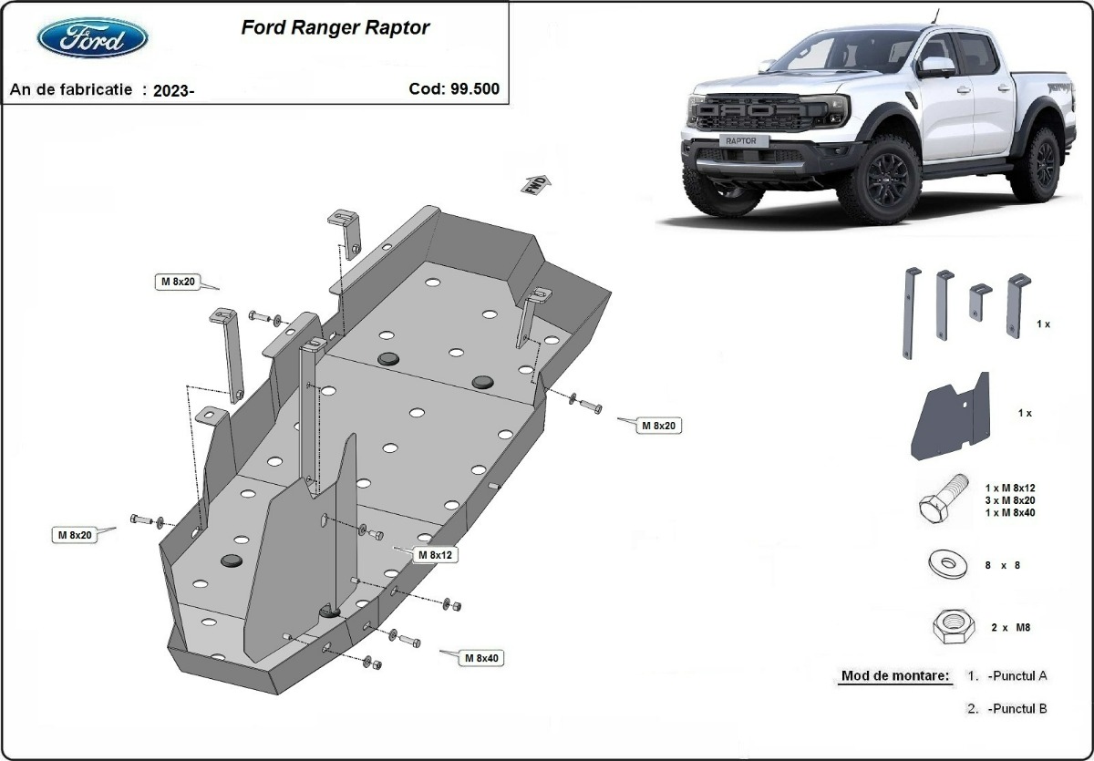 Ocelový kryt palivové nádrže pro Ford Ranger Raptor 2023 - 2026, všechny motory