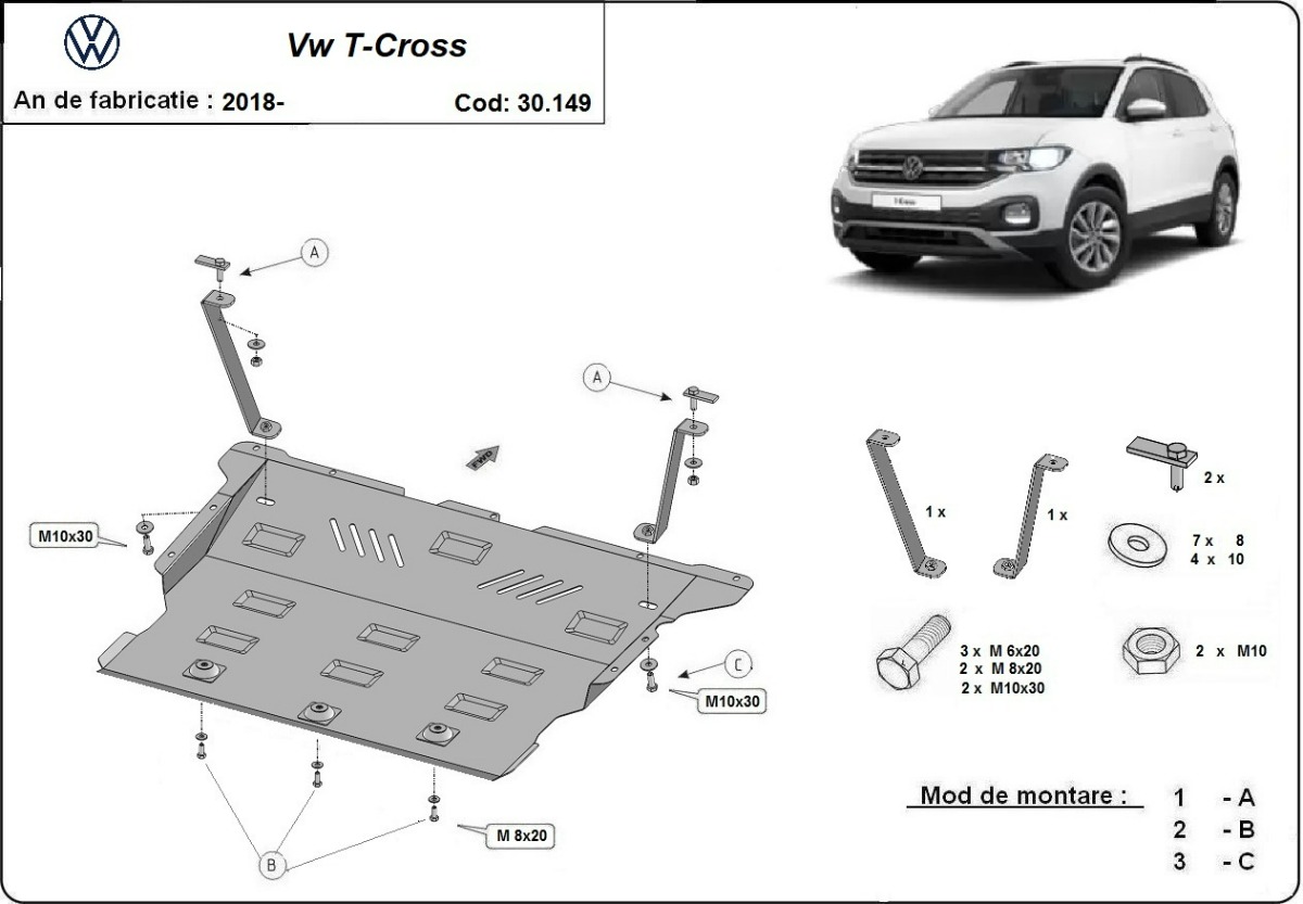 Ocelový kryt olejové vany pro VW T-Cross 2018 - 2026, všechny motory