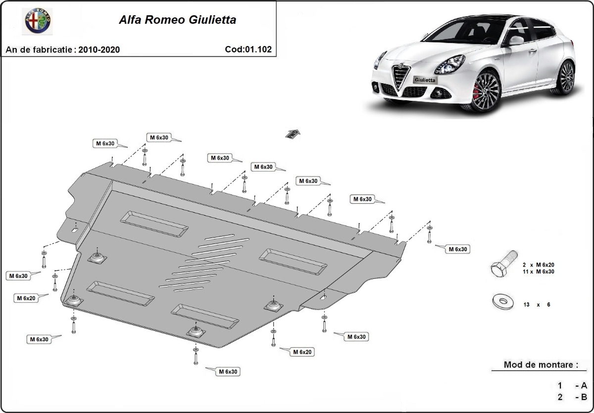 Ocelový kryt pod vany pro Alfa Romeo Giulietta 2010 - 2020, všechny motory