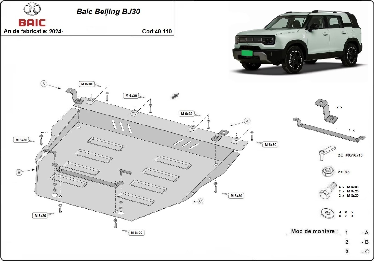 Ocelový kryt olejové vany pro Baic Beijing BJ30 2024 - 2026, všechny motory