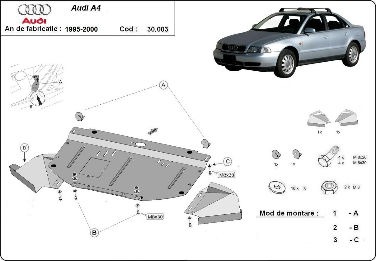 Ocelový kryt olejové vany pro Audi A4 B5 1995 - 2000, 1.6- 2.0, 1.9TDI