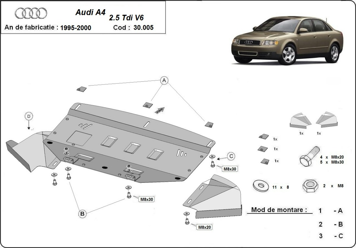 Ocelový kryt olejové vany pro Audi A4 B5 1997 - 2000, petrol V6, 2.6, 2.8, diesel - 2.5 D