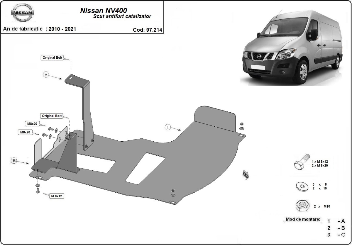 Ocelový kryt katalyzátoru/zámek katalyzátoru pro Nissan NV400 2010 - 2021, všechny motory