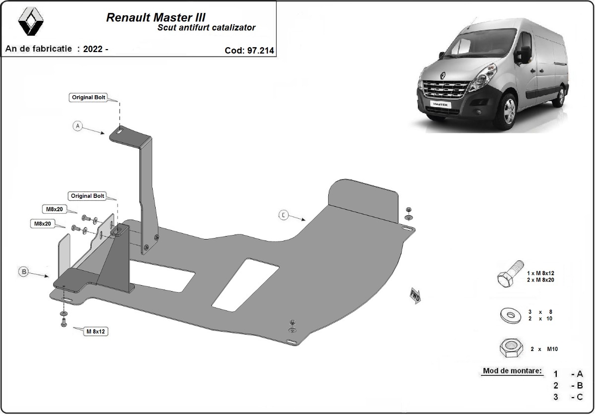 Ocelový kryt katalyzátoru/zámek katalyzátoru pro Renault Master 3 2022 - 2026, všechny motory
