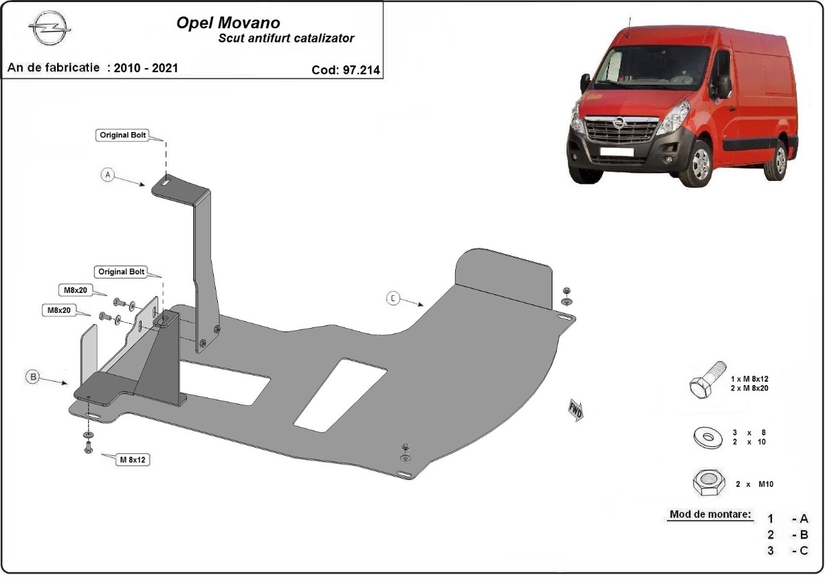 Ocelový kryt katalyzátoru/zámek katalyzátoru pro Opel Movano B 2010 - 2021, všechny motory