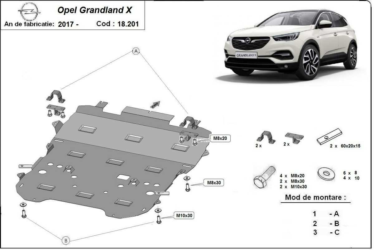 Ocelový kryt olejové vany pro Vauxhall Grandland X 2017 - 2026, všechny motory