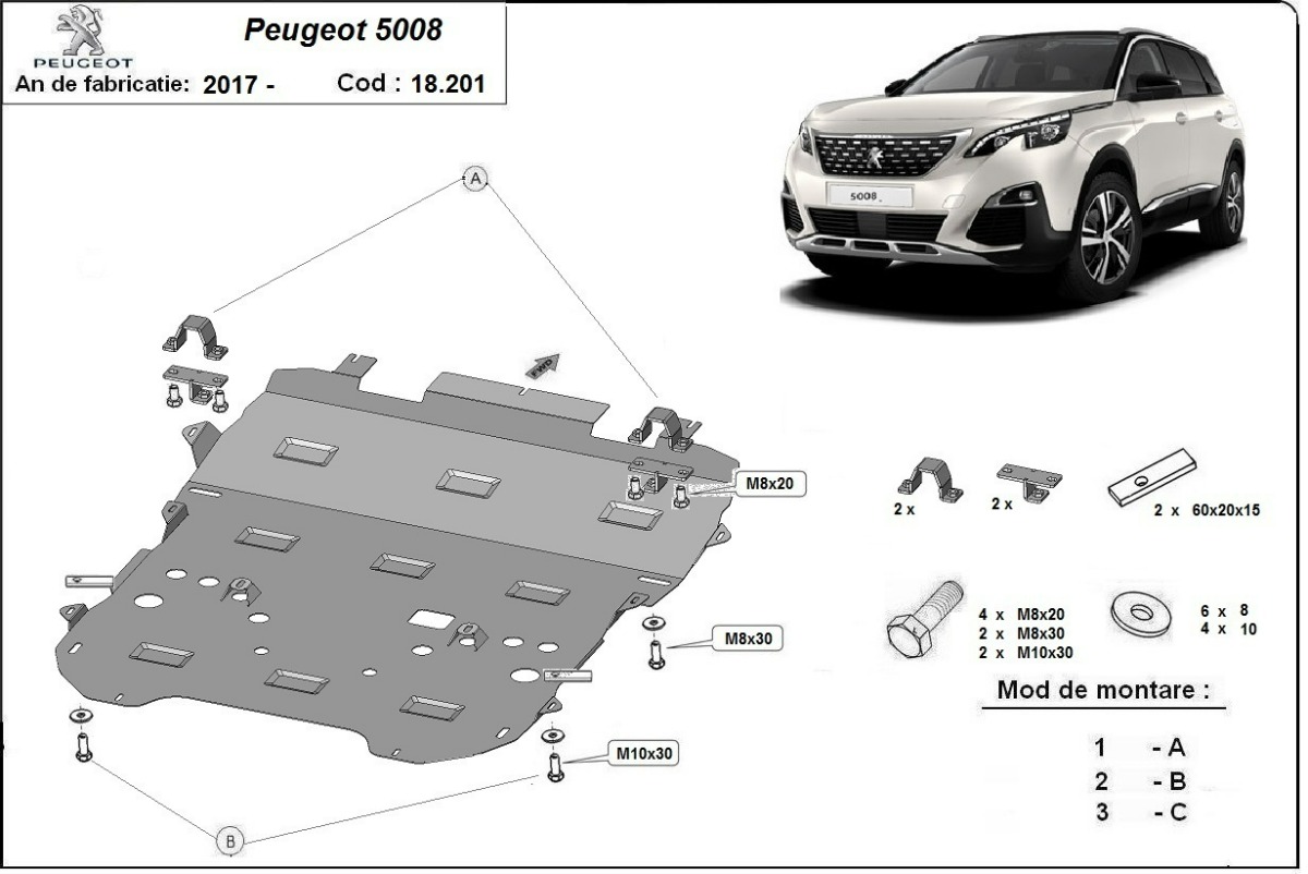 Ocelový kryt olejové vany pro ochranu motoru a převodovky pro Peugeot 5008 2017 - 2026, všechny motory