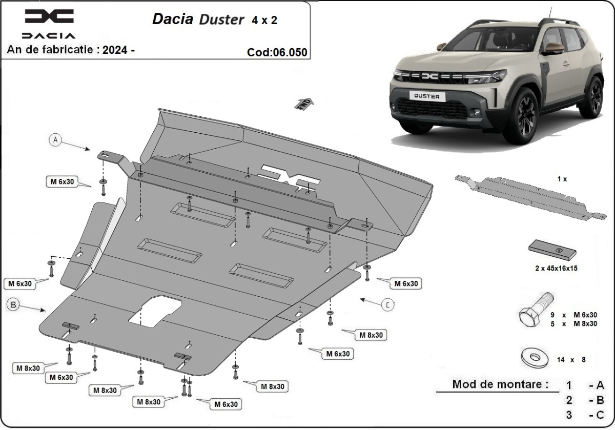 Ocelový kryt pod olejovou nádrž pro Dacia Duster - 4x2 2024 - 2026, všechny motory
