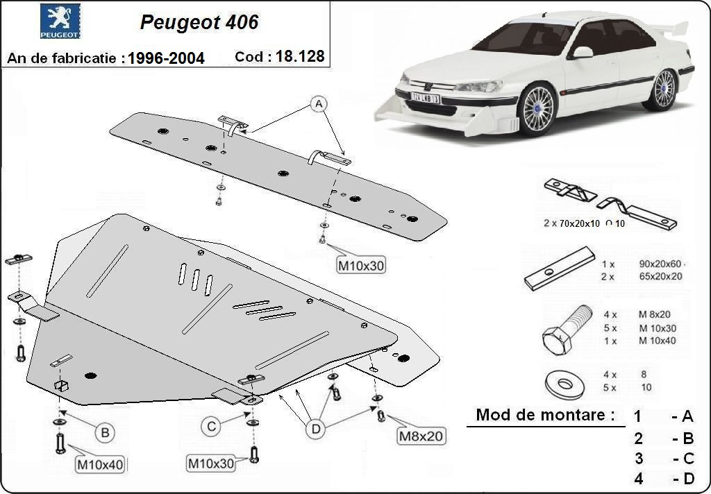 Ocelový kryt olejové vany pro ochranu motoru a převodovky pro Peugeot 406 1996 - 2004, všechny motory