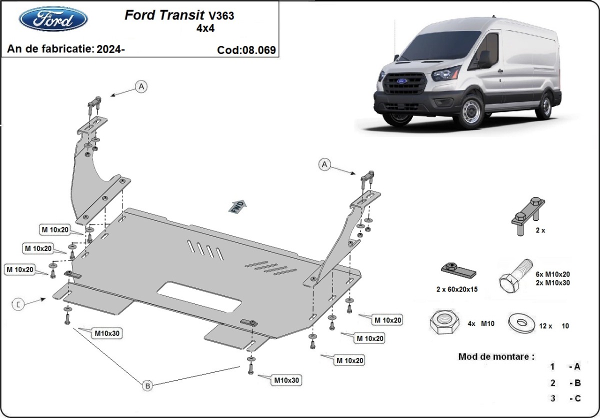 Ocelový kryt olejové vany pro ochranu motoru a převodovky pro Ford Transit V363 4x4 2024 - 2026, všechny motory