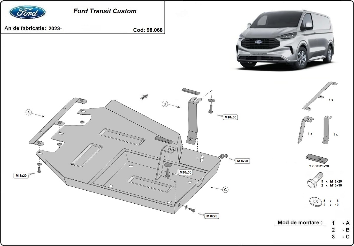 Ocelový kryt nádrže AdBlue pro Ford Transit Custom 2023 - 2026, všechny motory