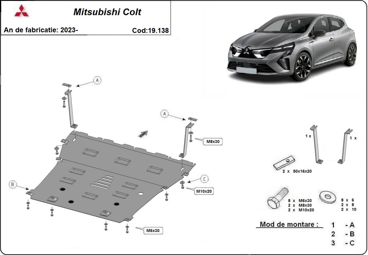 Ocelový kryt olejové vany pro Mitsubishi Colt 2023 - 2026, všechny motory