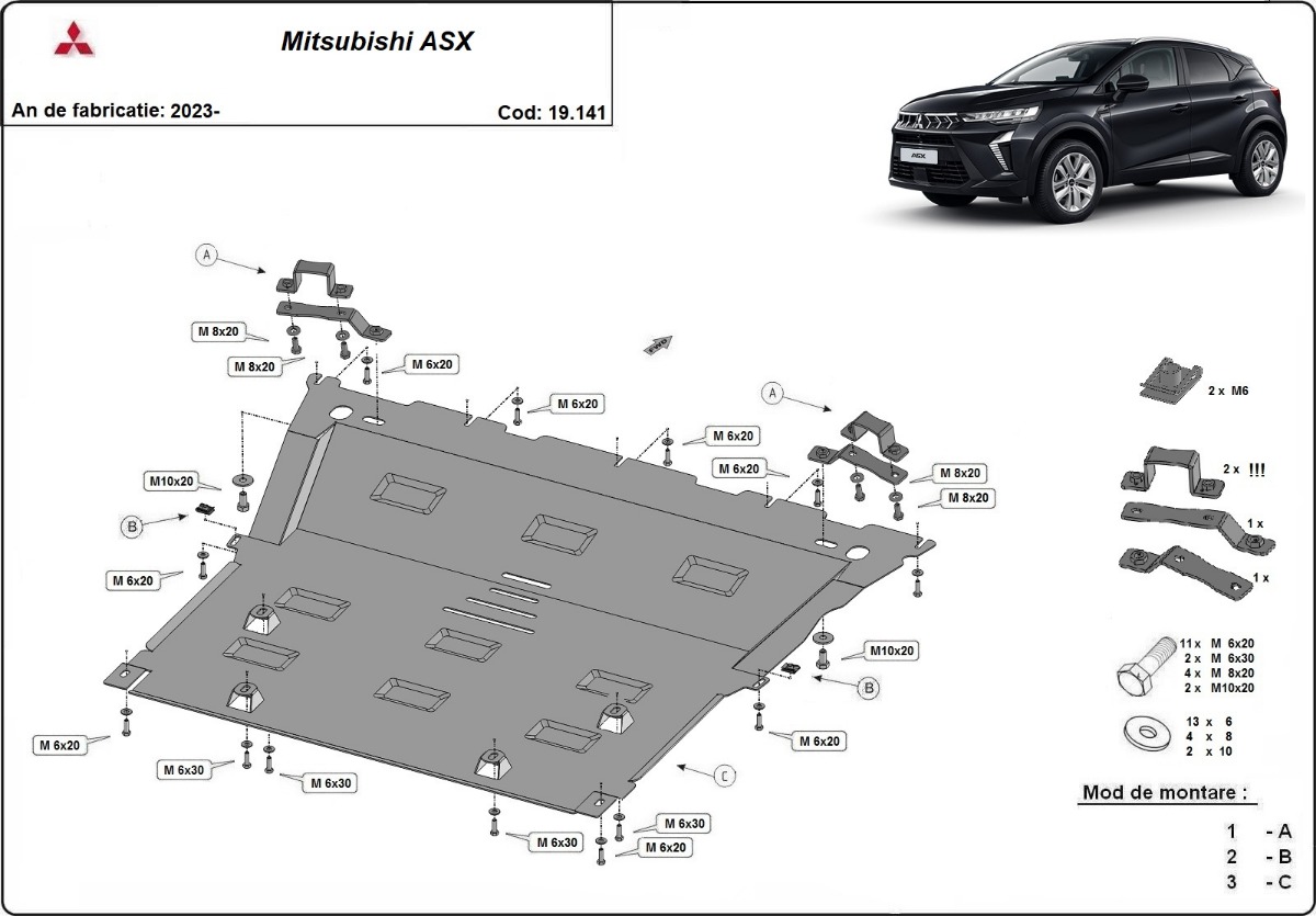 Ocelový kryt olejové vany pro ochranu motoru a převodovky pro Mitsubishi ASX 2023 - 2026, všechny motory
