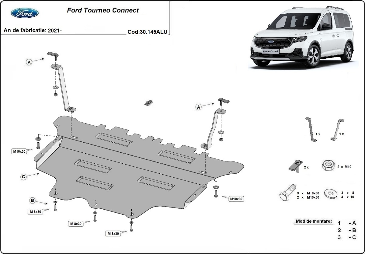 Hliníkový kryt olejové vany pro Ford Tourneo Connect 2021 - 2026, všechny motory