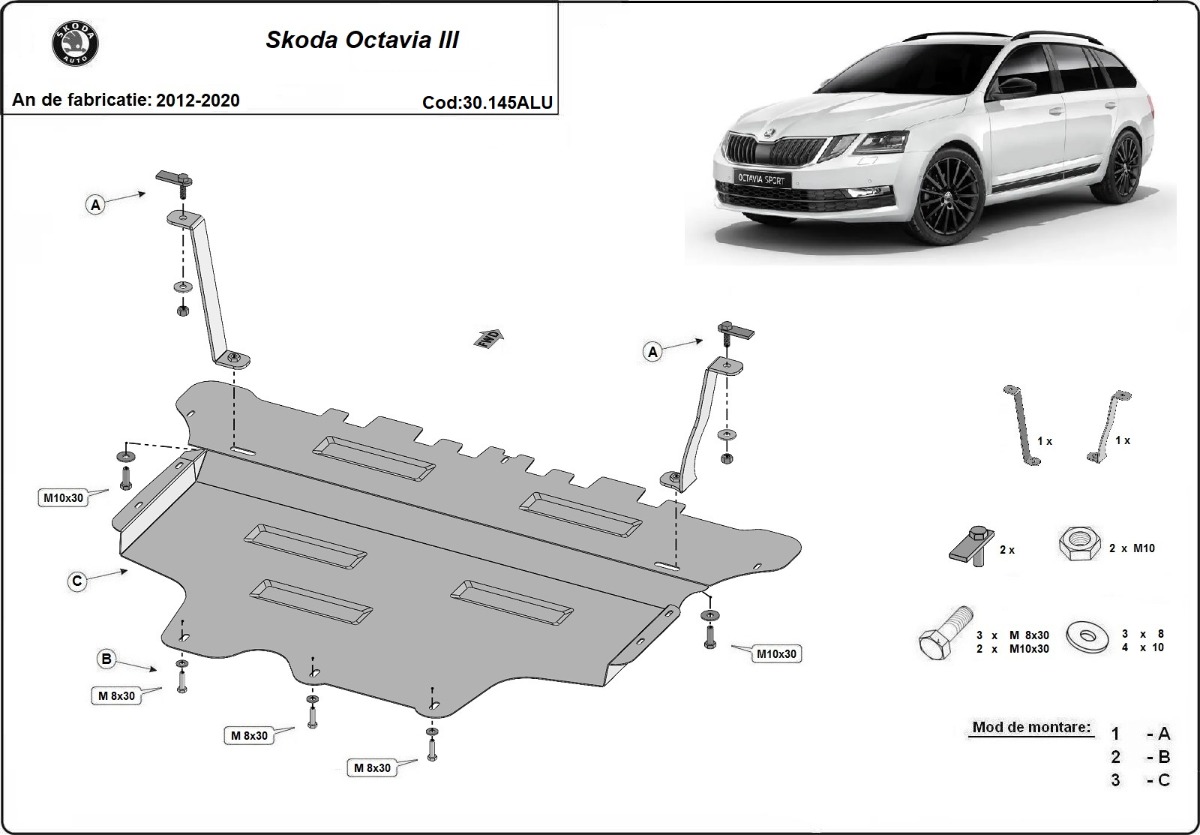 Hliníkový kryt olejové vany pro ochranu motoru a převodovky pro vůz Škoda Octavia 3 2012 - 2020, všechny motory