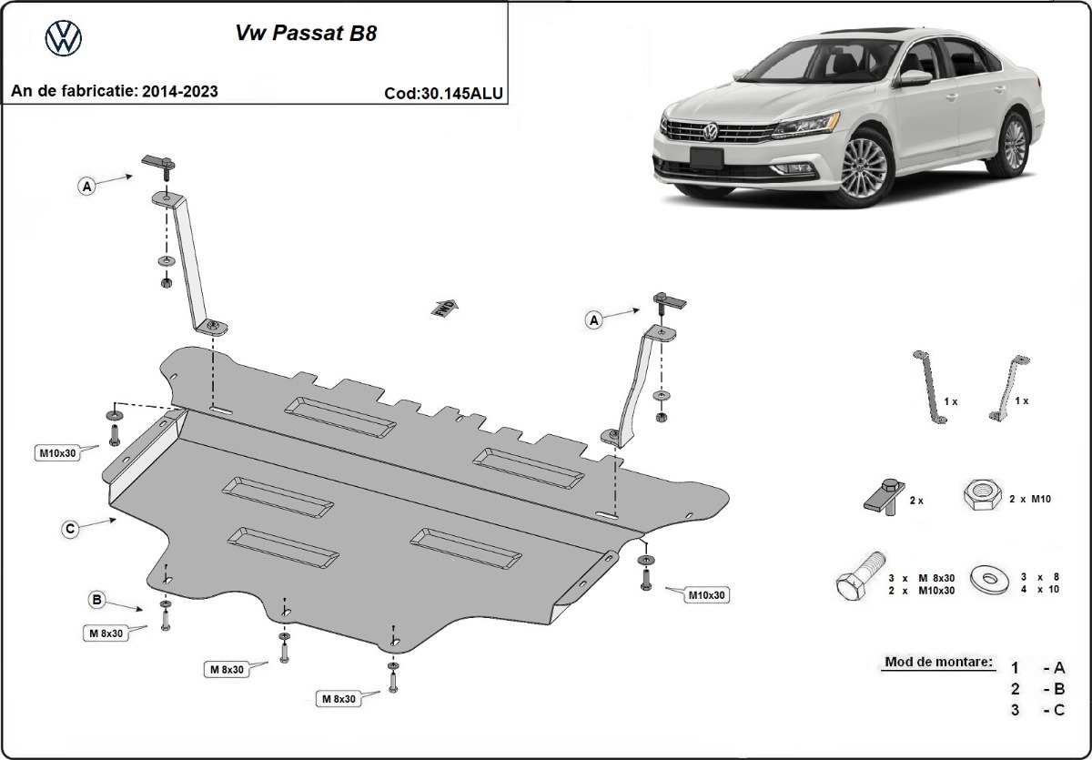 Hliníkový kryt pod olejovou nádrž pro VW Passat B8 2014 - 2023, všechny motory