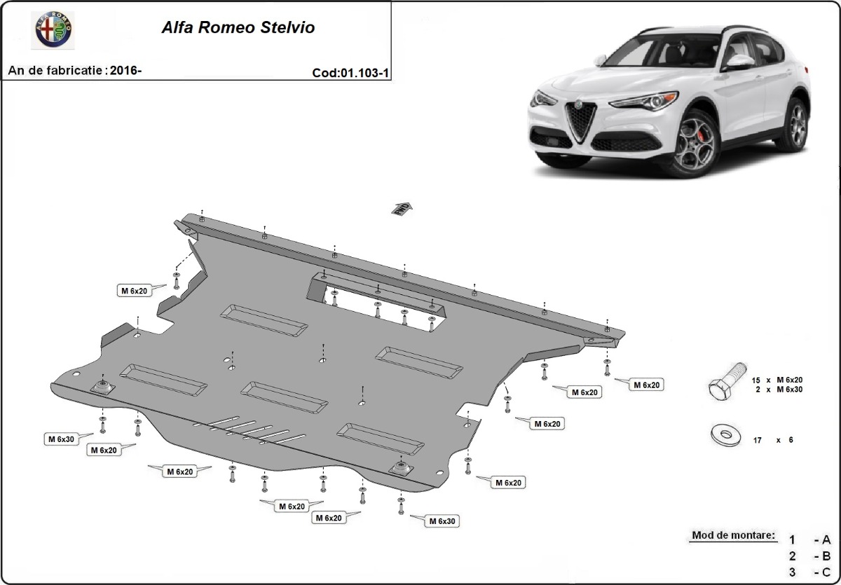 Ocelový kryt olejové vany pro Alfa Romeo Stelvio 2016 - 2026, všechny motory
